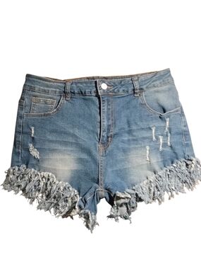 Frayed Hem Distressed Denim Shorts - Blue